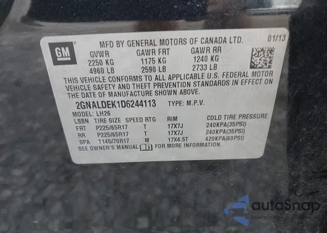 2013 Chevrolet Equinox Lt из США, поврежденный, VIN 2GNALDEK1D6244413